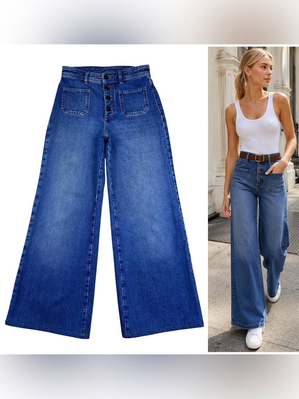 Massimo Dutti Wide Flare High Rise Jeans Womens 2 Front Pockets Relaxed Festival